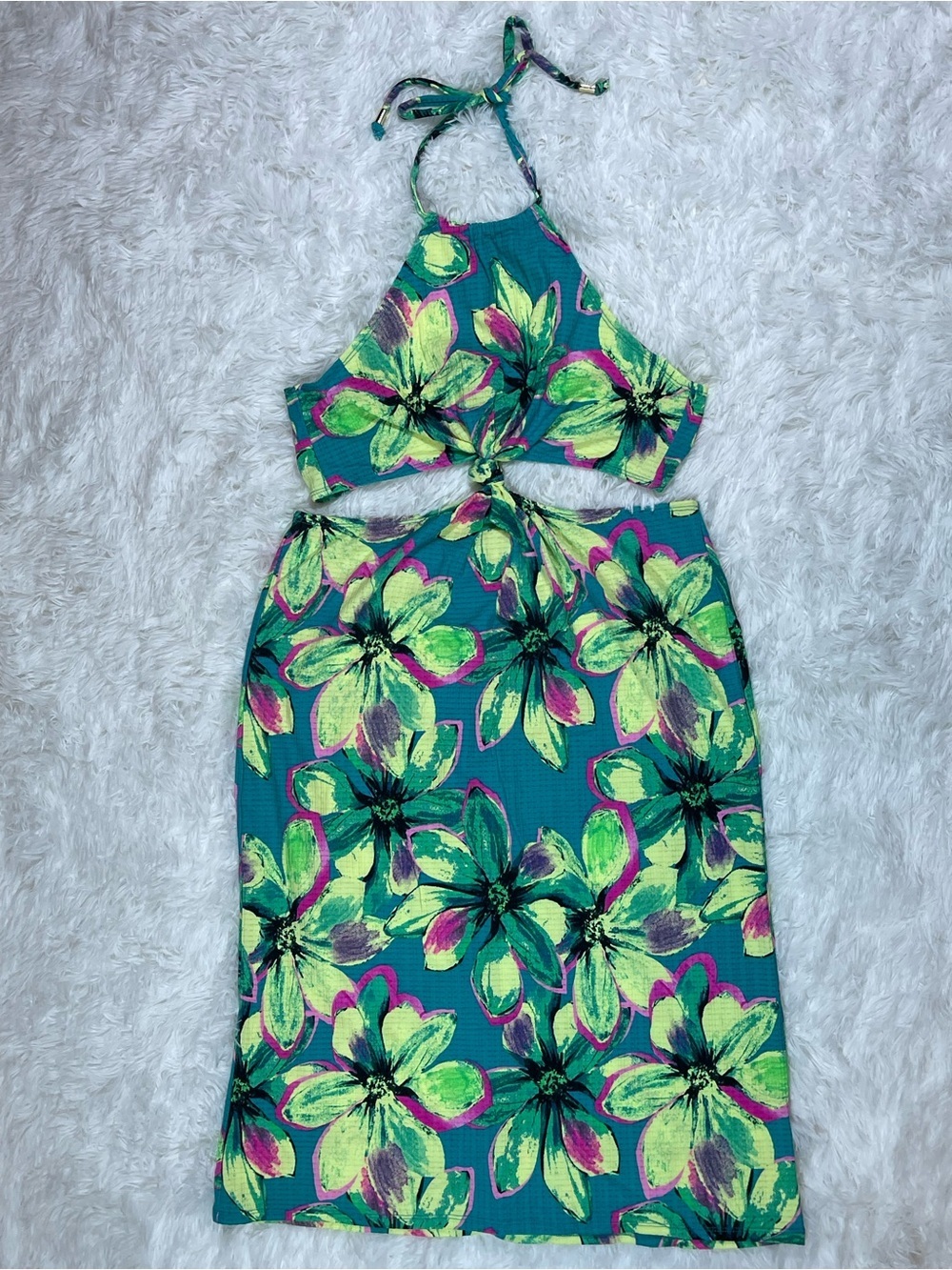Miken Swim Women’s Tropical Halter Swim Coverup Dress - Teal & Lime Size M NWOT - Picture 9 of 10